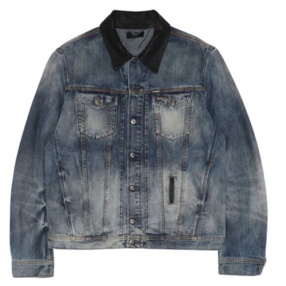 DIESEL Elshar Denim Distressed Jacket Blue Cow Leather Collar Biker - Picture 1 of 15